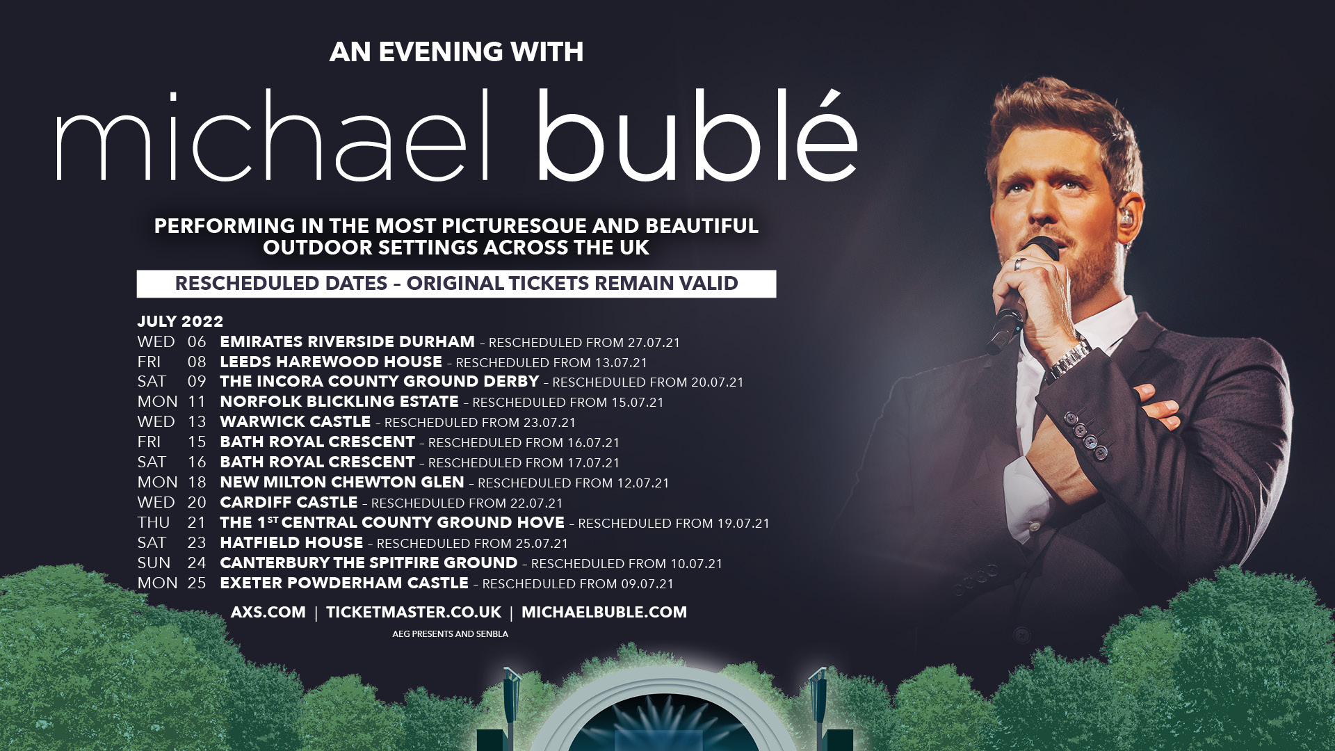 Michael Bublé concert rescheduled for 2022 Derbyshire County Cricket